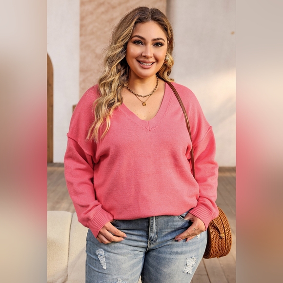Sweaters - Plus Size V-Neck Dropped Shoulder Sweater